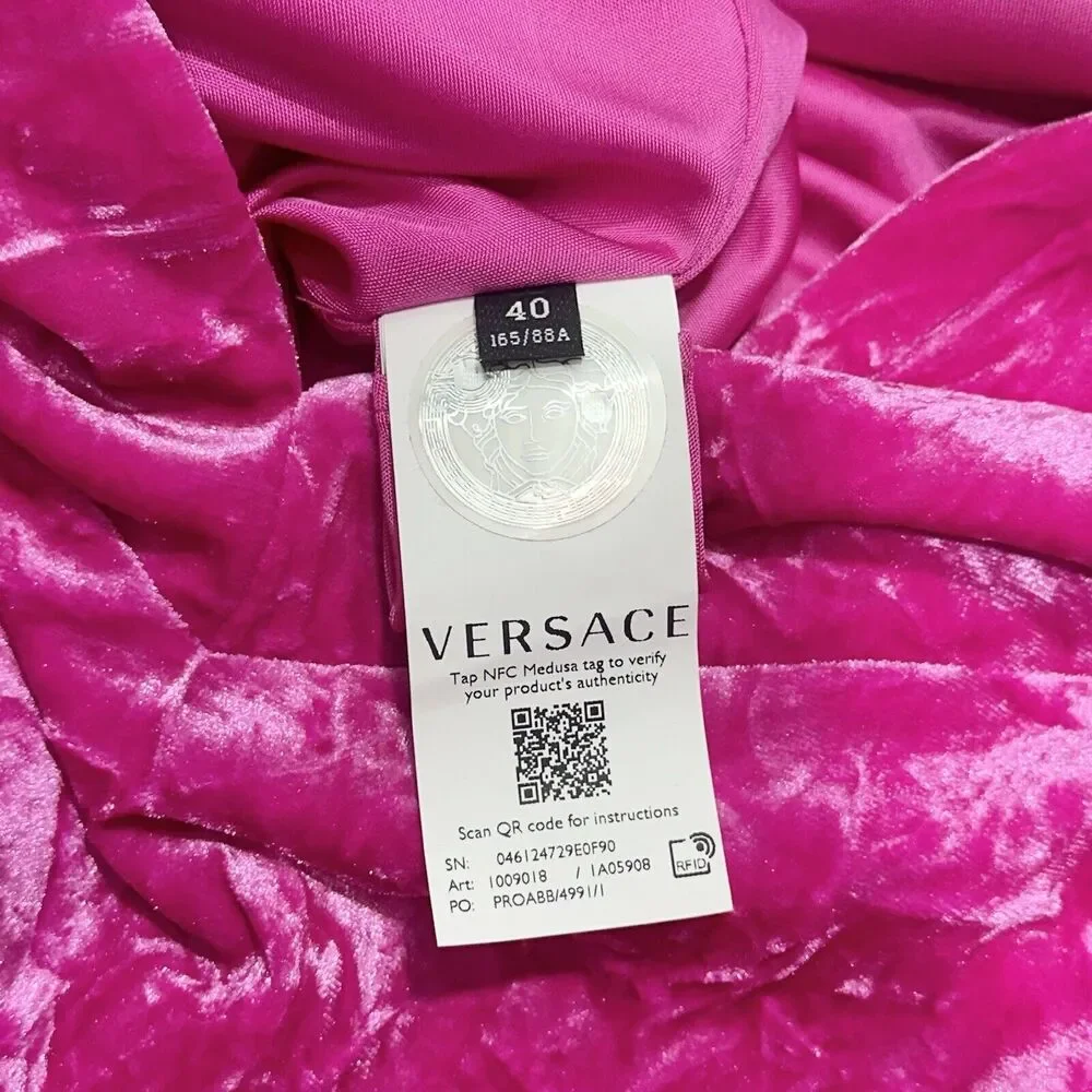 NWT Versace 40 US 4 Runway Biggie Medusa Pink Crushed Velvet Midi Dress $3,225 - Picture 9 of 16